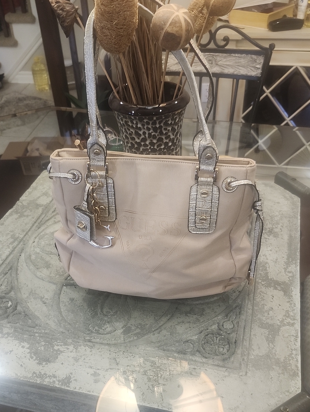 Guess Vintage Mixed Media Shoulder Tote Logo Bag
